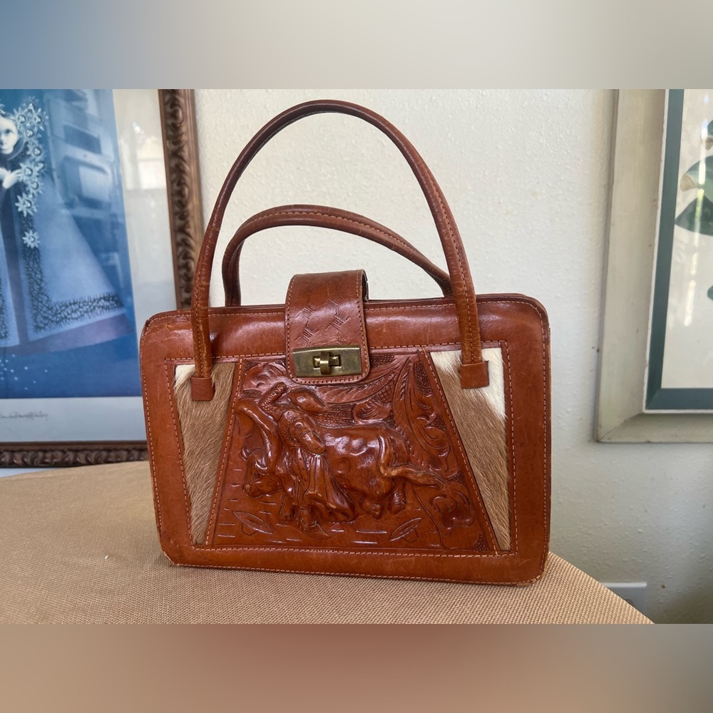 Vintage Mexican Hand Tooled Leather Purse Handbag Cowhide Western Matador 1970s
